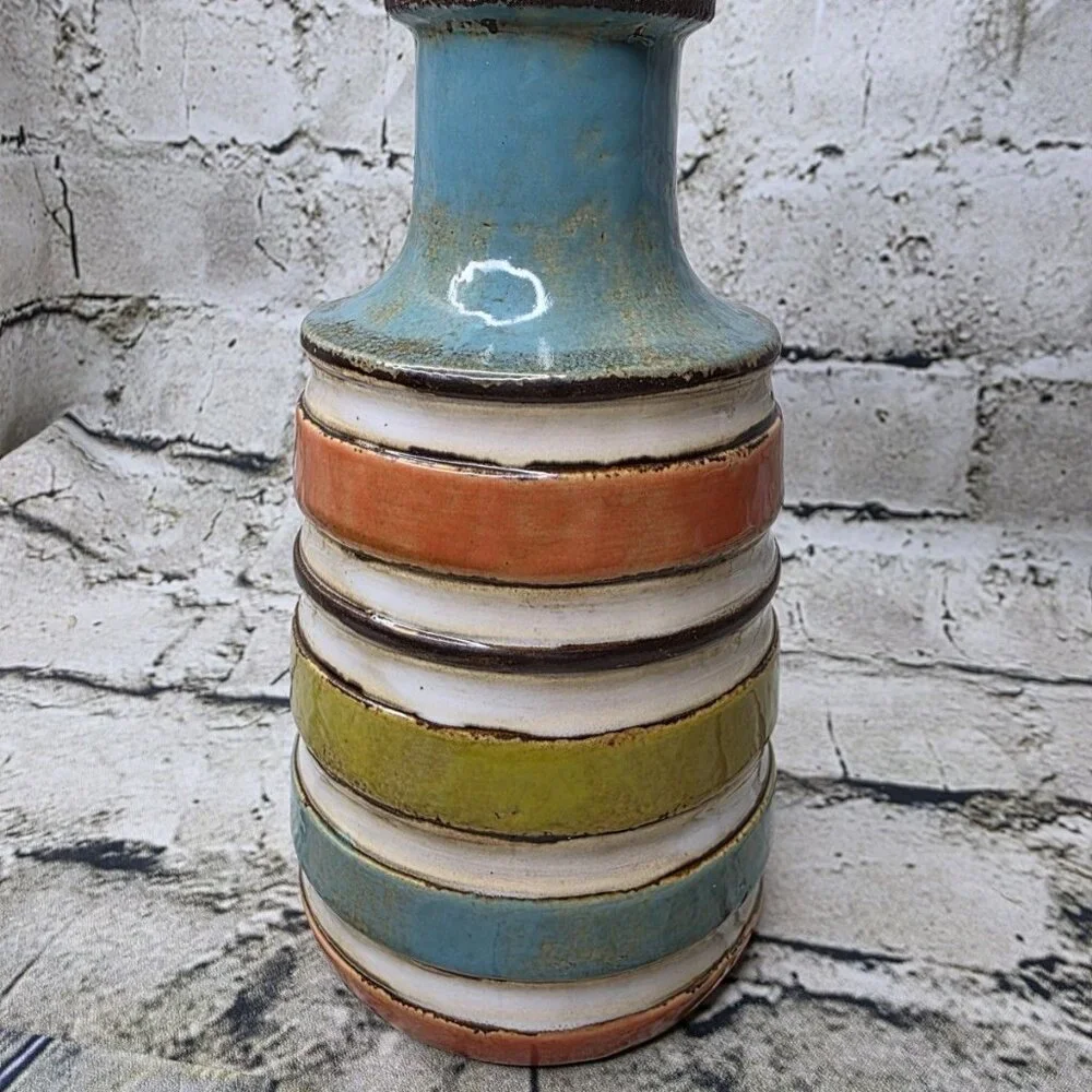 Multi Colored Striped Pottery Bottle Vase Appx 7” Vase Turquoise Coral Green